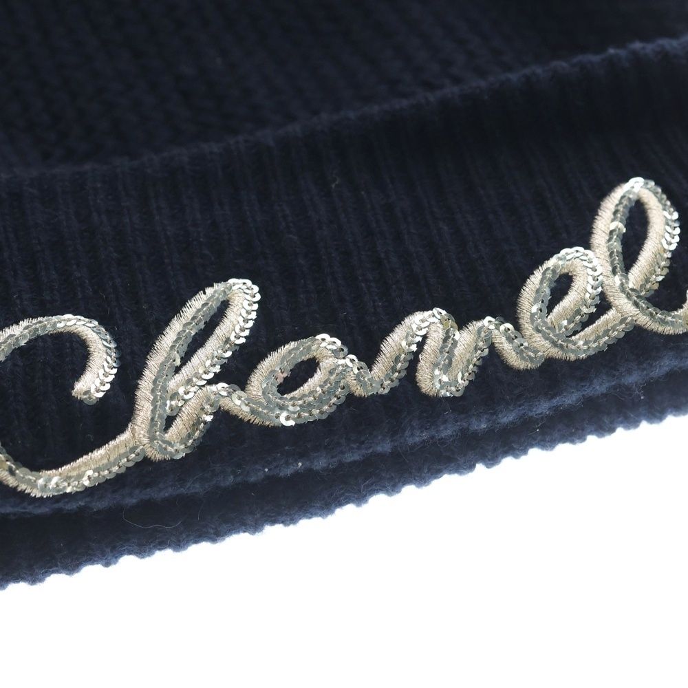 Chanel Sequin Logo Cashmere Knit Hat Navy — view 5