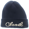 Chanel Sequin Logo Cashmere Knit Hat Navy