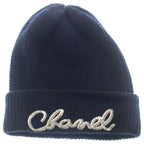 Chanel Sequin Logo Cashmere Knit Hat Navy