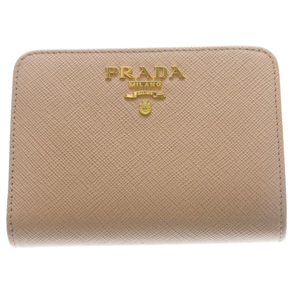 Prada Saffiano Compact Wallet Bifold Coin Case Leather Pink Beige Gold