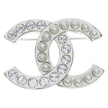 Chanel CC Logo Faux Pearl Rhinestone Brooch Pin Badge Silver