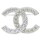 Chanel CC Logo Faux Pearl Rhinestone Brooch Pin Badge Silver