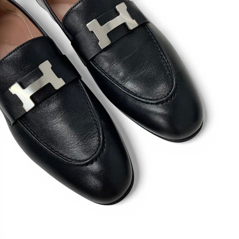 Hermes Paris Loafers Leather Shoes Black Silver Hhardware Moccasins Flat — view 9