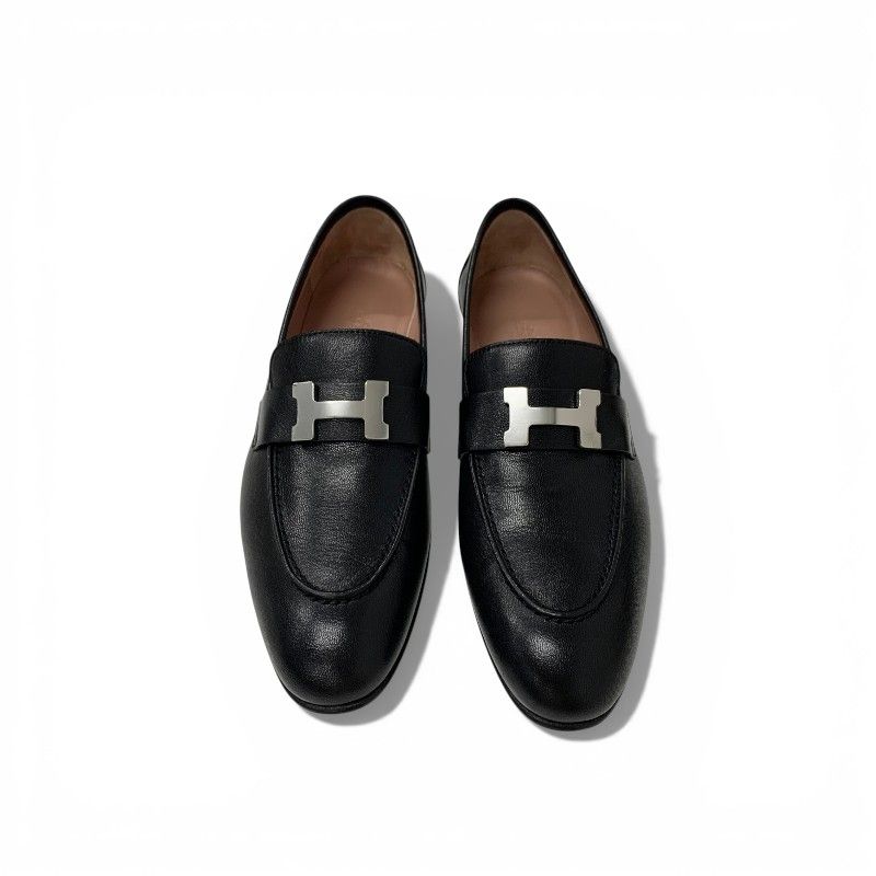 Hermes Paris Loafers Leather Shoes Black Silver Hhardware Moccasins Flat — view 2