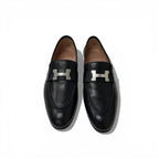 Hermes Paris Loafers Leather Shoes Black Silver Hhardware Moccasins Flat — view 2