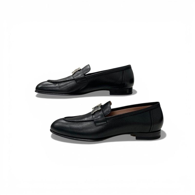 Hermes Paris Loafers Leather Shoes Black Silver Hhardware Moccasins Flat — view 3