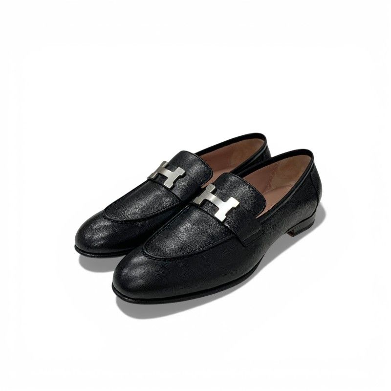 Hermes Paris Loafers Leather Shoes Black Silver Hhardware Moccasins Flat