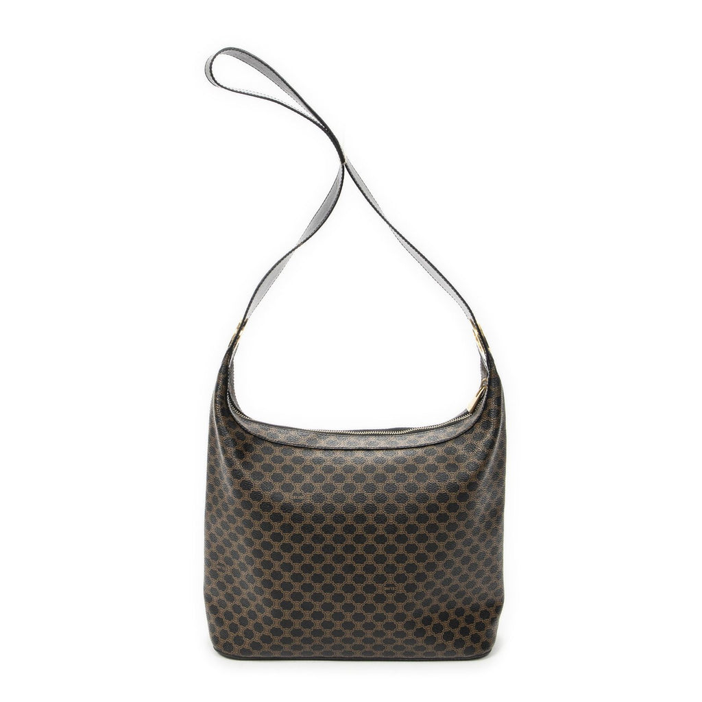 Celine Vintage Shoulder Zip Hobo Black Brown Macadam Canvas