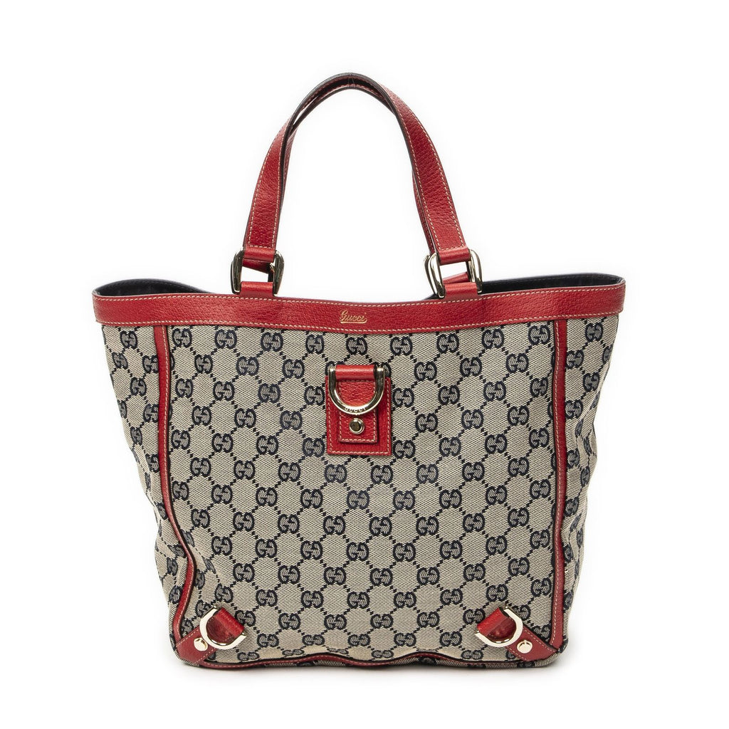 Gucci Small Abbey Dring Tote Beige Red Navy GG Canvas
