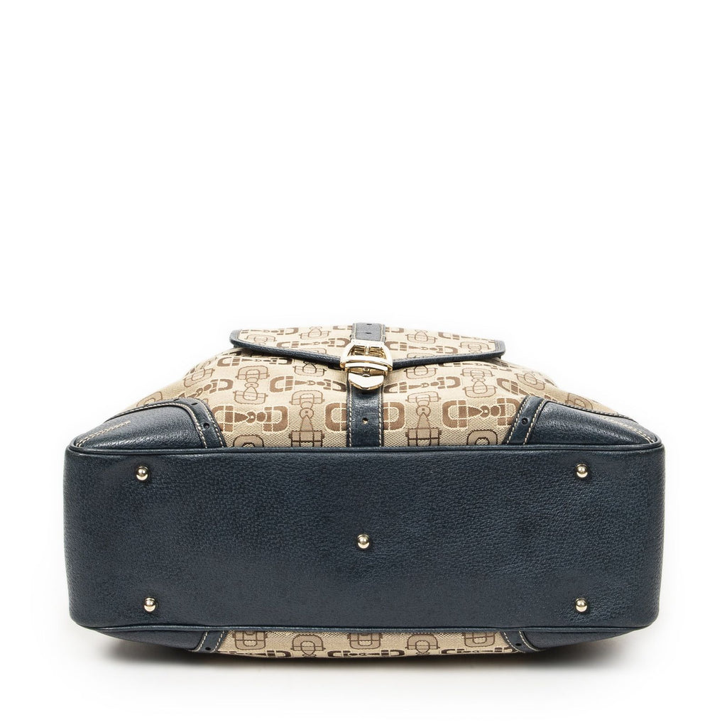 Gucci Large Front Pocket Boston Beige Teal Horsebit Printed Canvas Messenger Bag — view 6