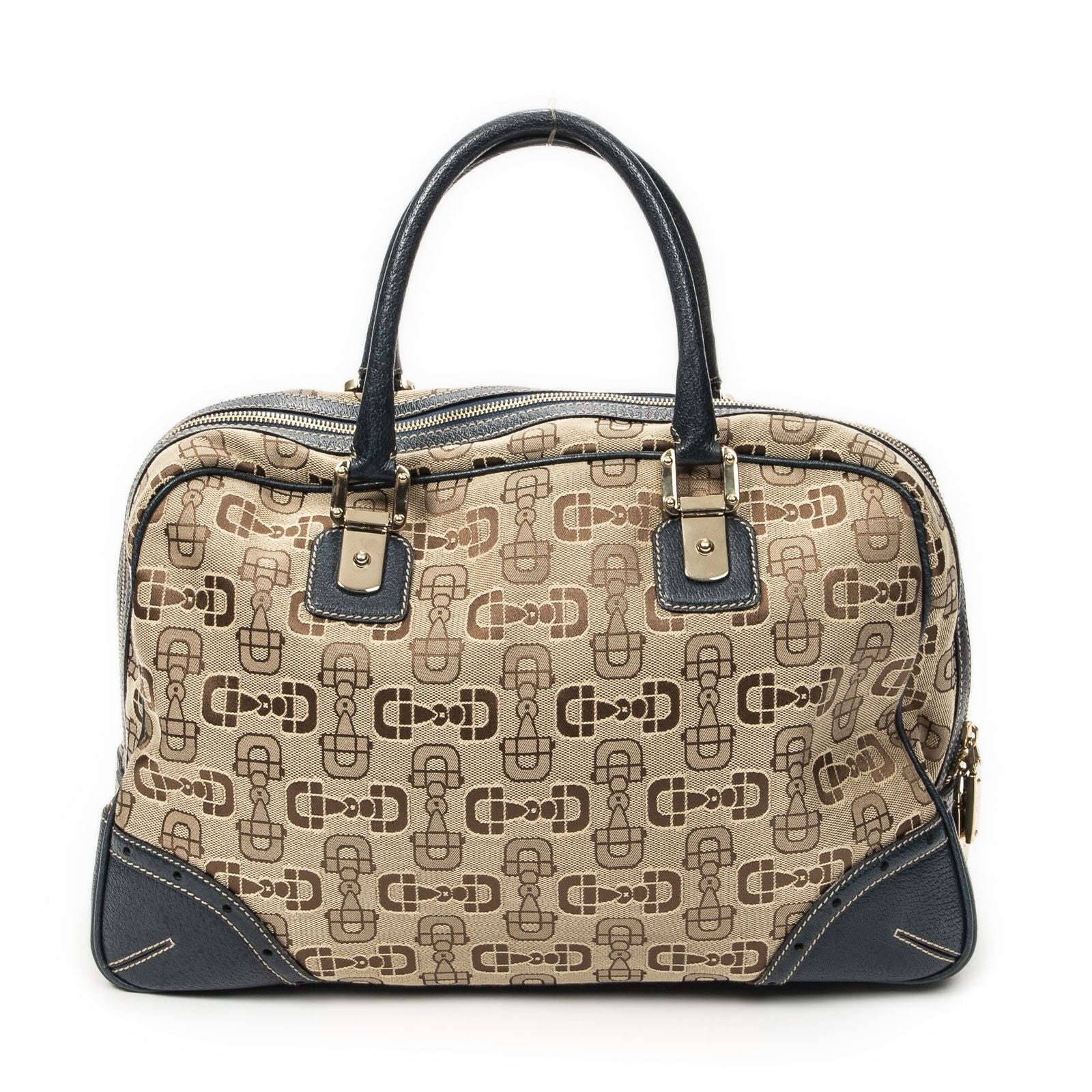 Gucci Large Front Pocket Boston Beige Teal Horsebit Printed Canvas Messenger Bag — view 5
