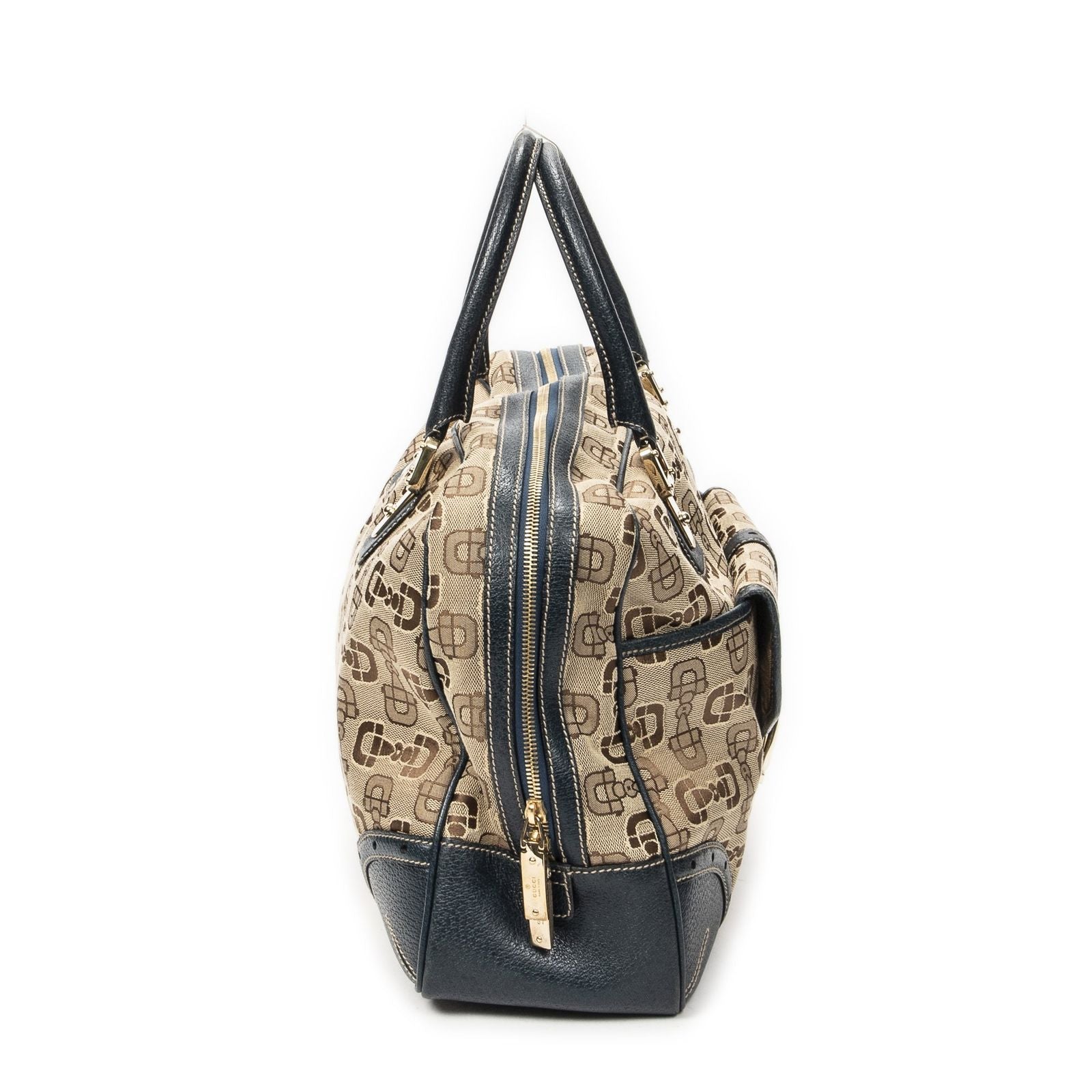 Gucci Large Front Pocket Boston Beige Teal Horsebit Printed Canvas Messenger Bag — view 4