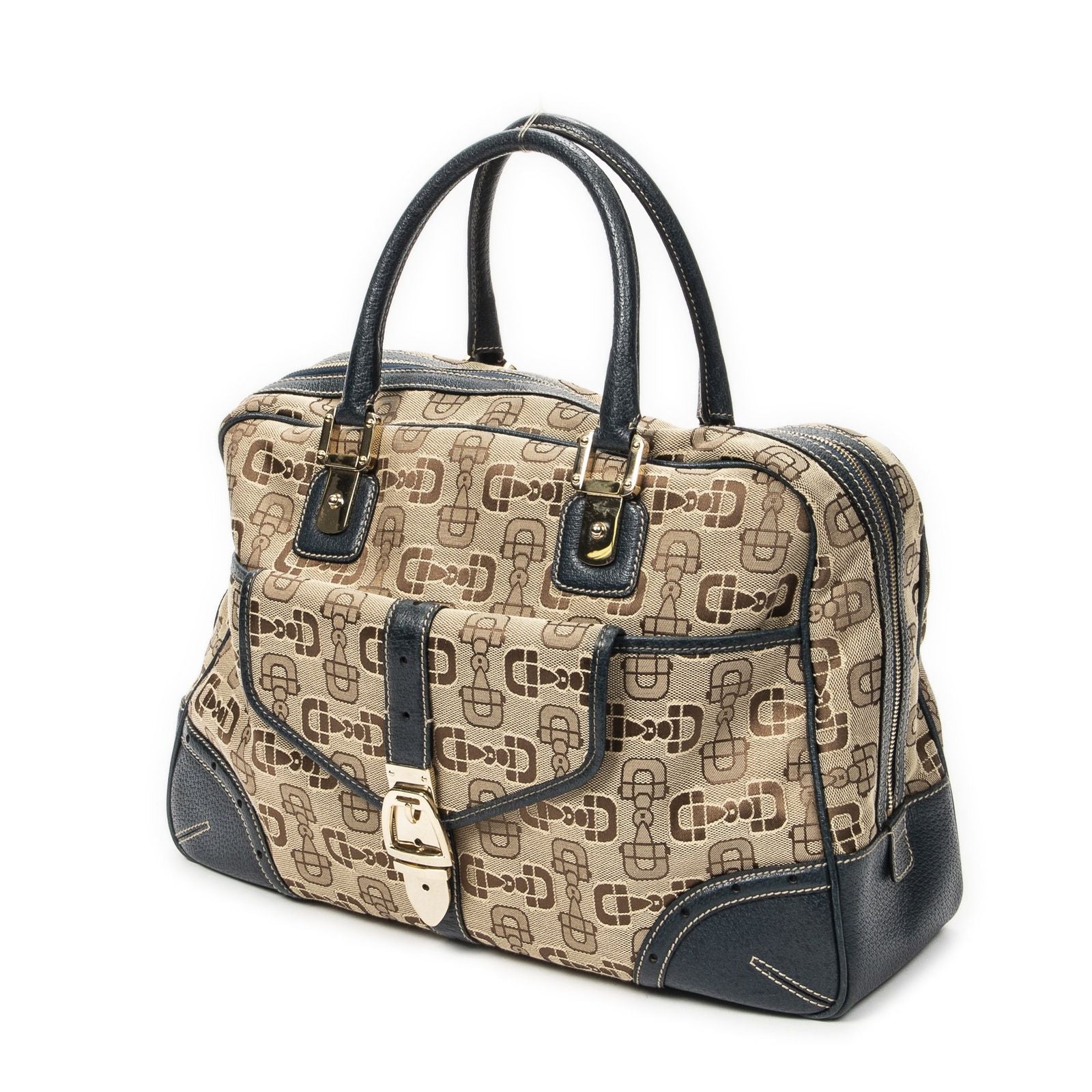 Gucci Large Front Pocket Boston Beige Teal Horsebit Printed Canvas Messenger Bag — view 2