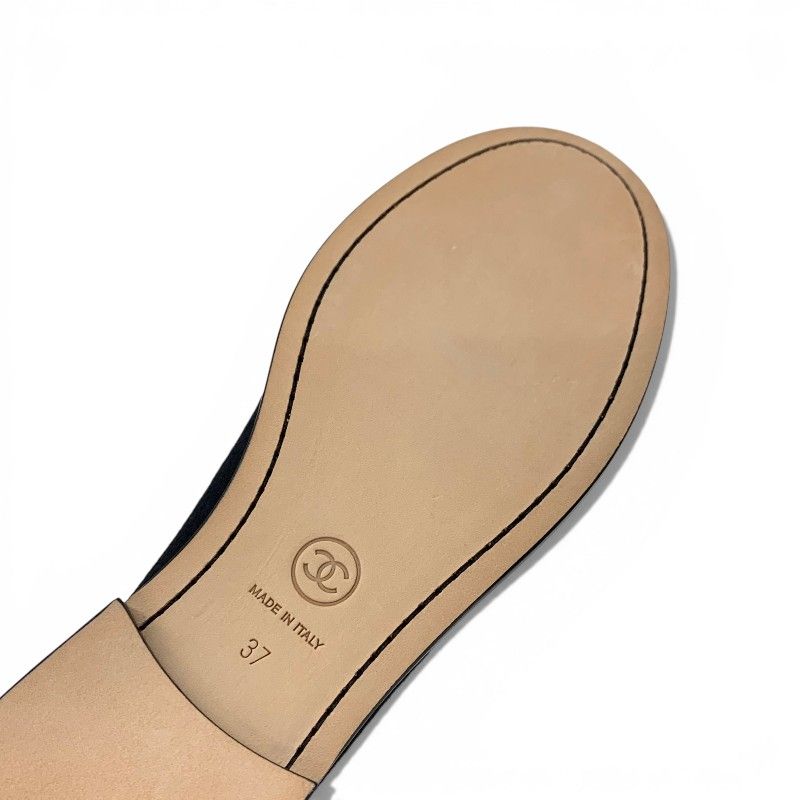Chanel Loafers Leather Shoes Felt Black Gold CC Logo Coin Flat — view 8