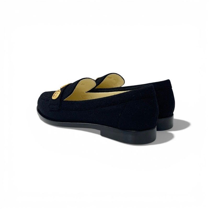 Chanel Loafers Leather Shoes Felt Black Gold CC Logo Coin Flat — view 4