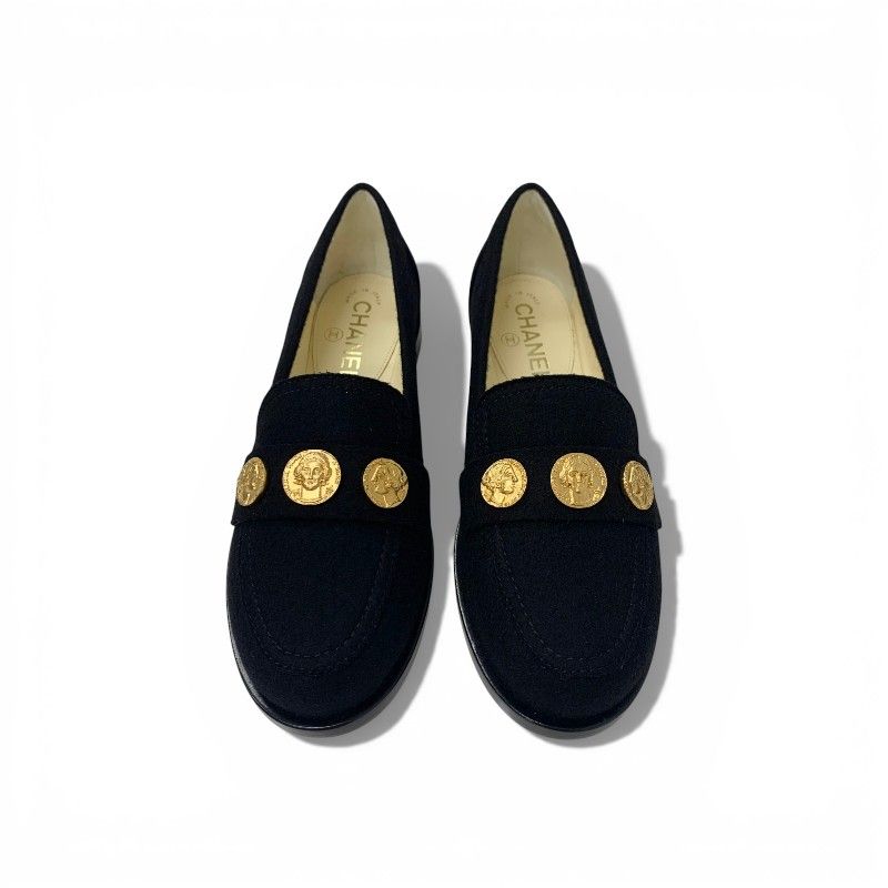 Chanel Loafers Leather Shoes Felt Black Gold CC Logo Coin Flat — view 2