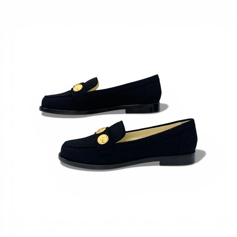 Chanel Loafers Leather Shoes Felt Black Gold CC Logo Coin Flat — view 3