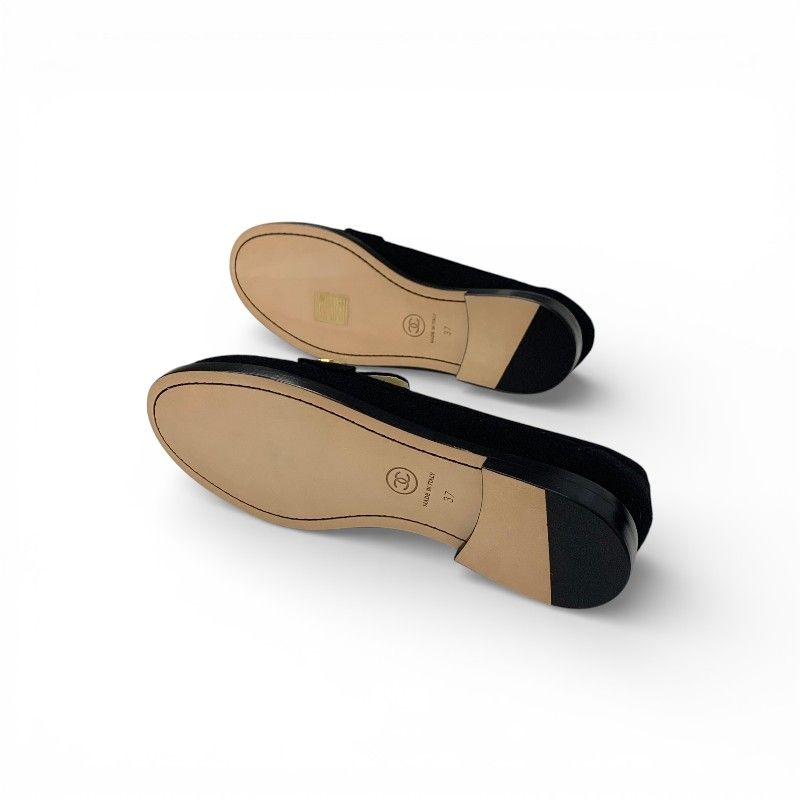 Chanel Loafers Leather Shoes Felt Black Gold CC Logo Coin Flat — view 6