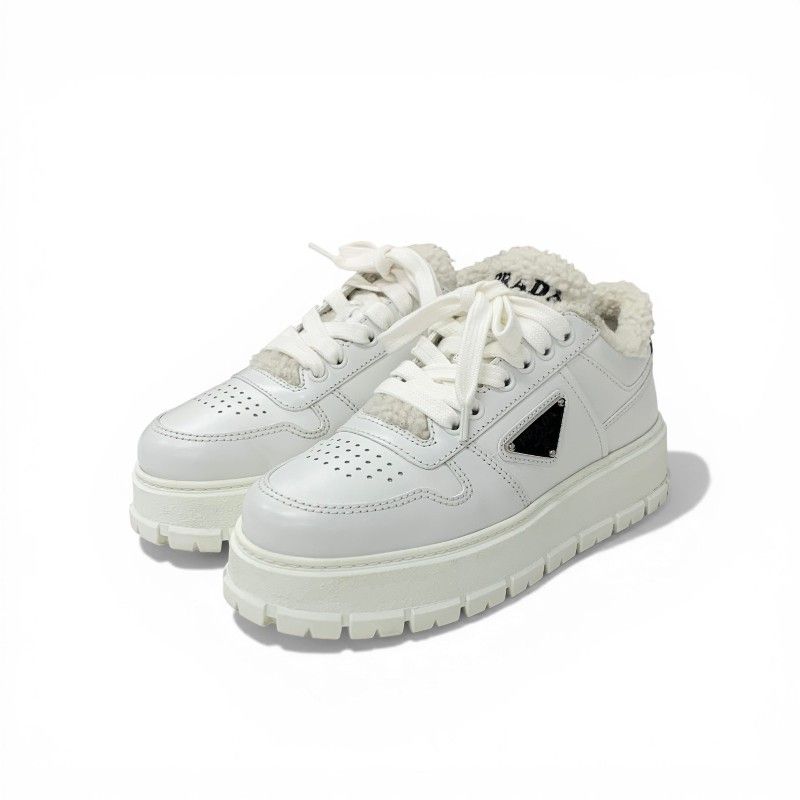 Prada Sneakers Shoes Leather Shearling White Triangle Logo