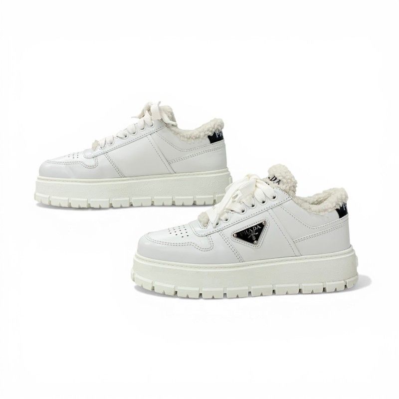 Prada Sneakers Shoes Leather Shearling White Triangle Logo — view 3