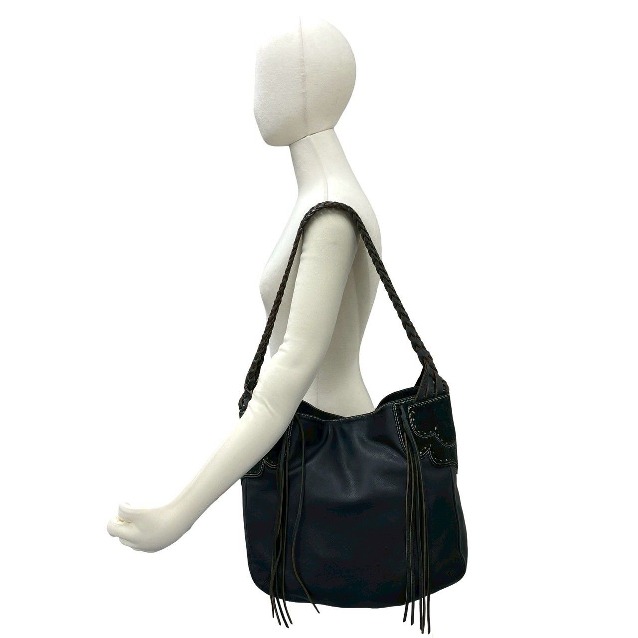 Loewe Fringe Suede Leather Shoulder Bag Tote Black — view 2
