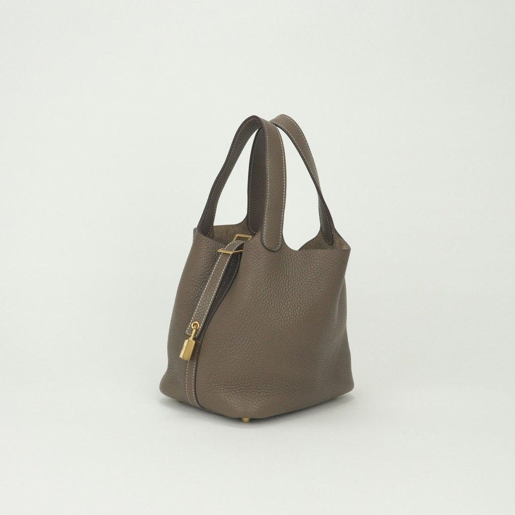 Hermes Picotin Lock PM 18 Tote Taurillon Clemence Etoupe Gray Gold Handbag — view 2