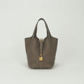Hermes Picotin Lock PM 18 Tote Taurillon Clemence Etoupe Gray Gold Handbag