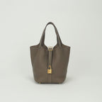 Hermes Picotin Lock PM 18 Tote Taurillon Clemence Etoupe Gray Gold Handbag
