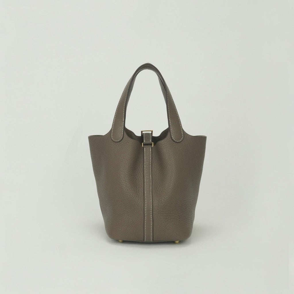 Hermes Picotin Lock PM 18 Tote Taurillon Clemence Etoupe Gray Gold Handbag — view 3