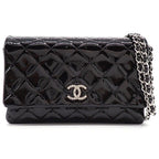Chanel Shoulder Bag Brilliant Quilted Chain Wallet Black Patent Leather Silver