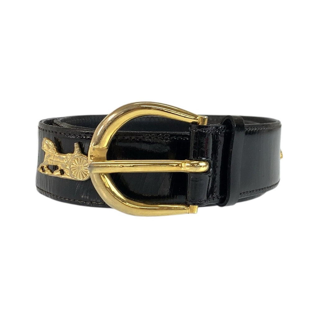 Celine Vintage Carriage 70 cm Black Gold Patent Leather Belt