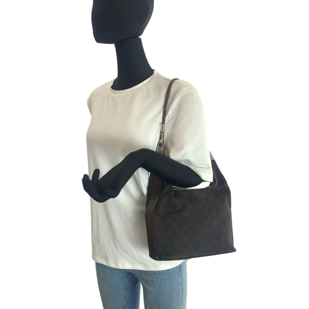 Gucci Brown Dark Silver GG Canvas Leather Shoulder Bag — view 7