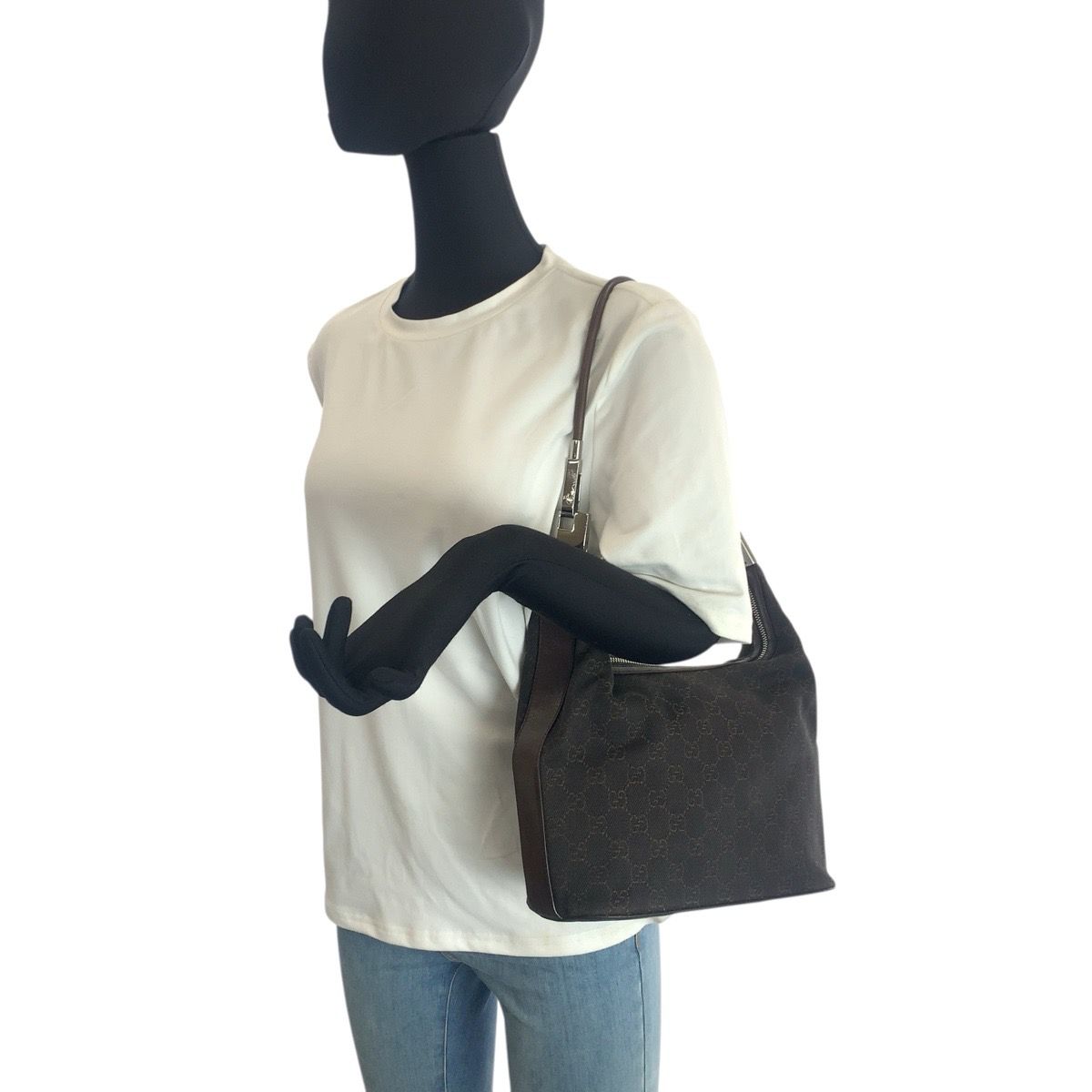 Gucci Brown Dark Silver GG Canvas Leather Shoulder Bag — view 7
