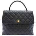 Chanel Handbag Quilted CC Logo Turnlock Top Handle Caviar Leather Black Gold