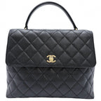 Chanel Handbag Quilted CC Logo Turnlock Top Handle Caviar Leather Black Gold