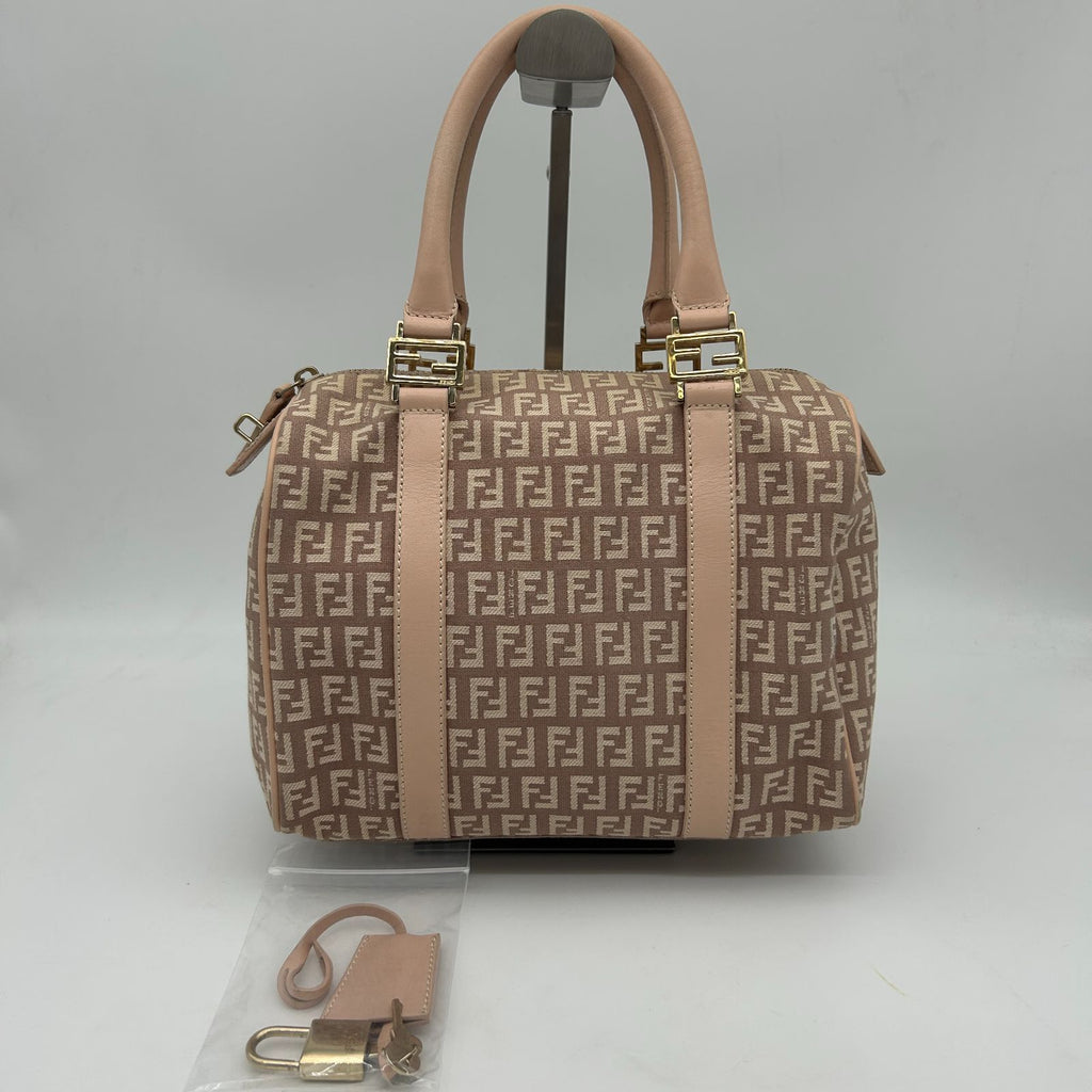 Fendi Boston Bag Zucchino Mini Canvas Leather Beige
