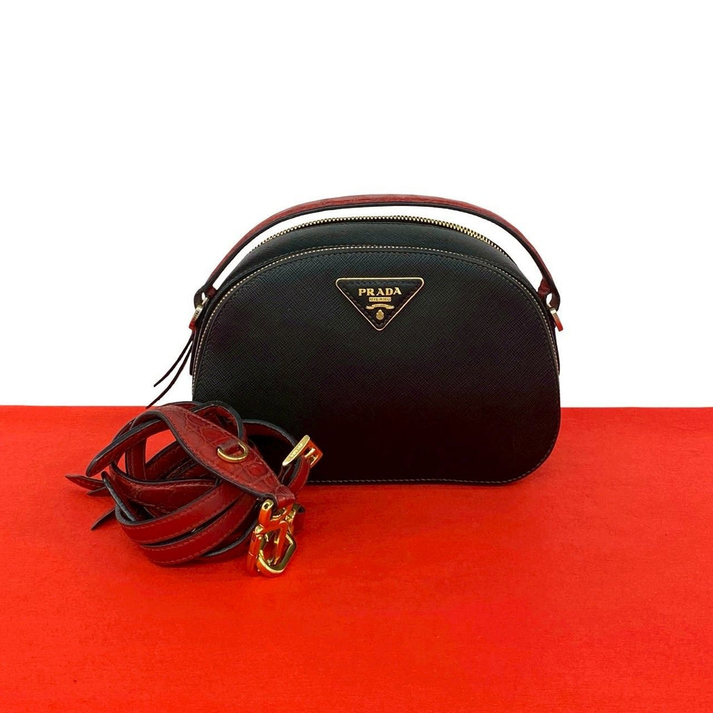 Prada Triangle Logo Saffiano Leather 2-Way Shoulder Bag Black Red