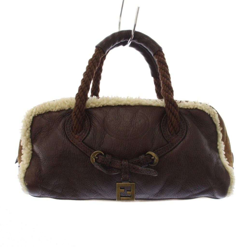 Fendi Shearling Handbag Zucca Pattern Brown