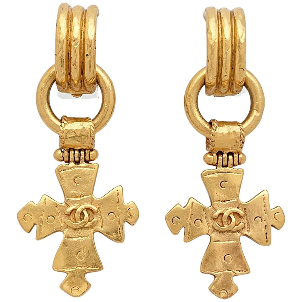 Chanel engraved Vintage Cross Earrings CC Logo Gold