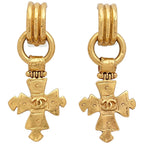 Chanel engraved Vintage Cross Earrings CC Logo Gold