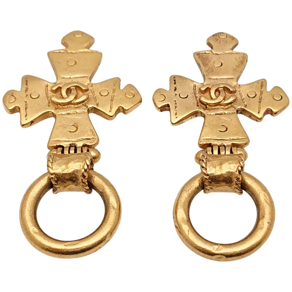 Chanel engraved Vintage Cross Earrings CC Logo Gold — view 7