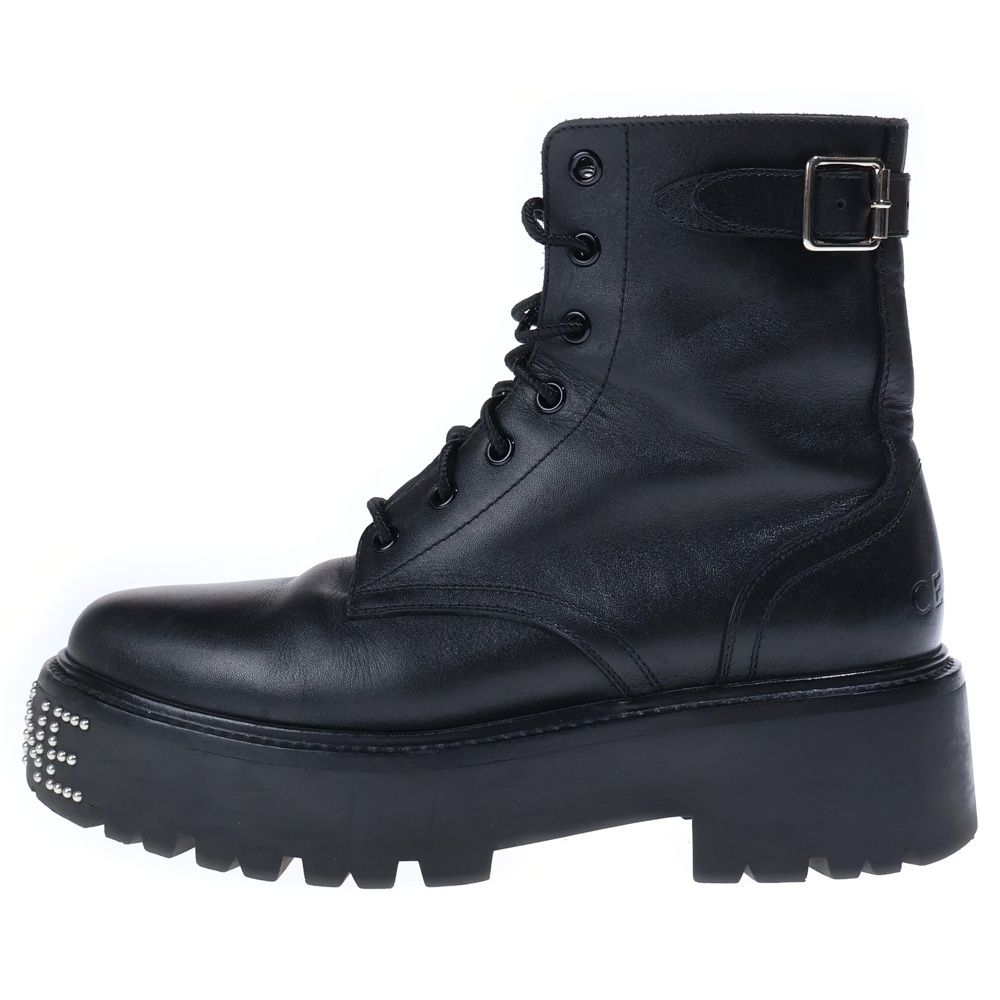 Celine Bulky Studded Logo Leather Lace Up High Cut Shoes Short Boots Black