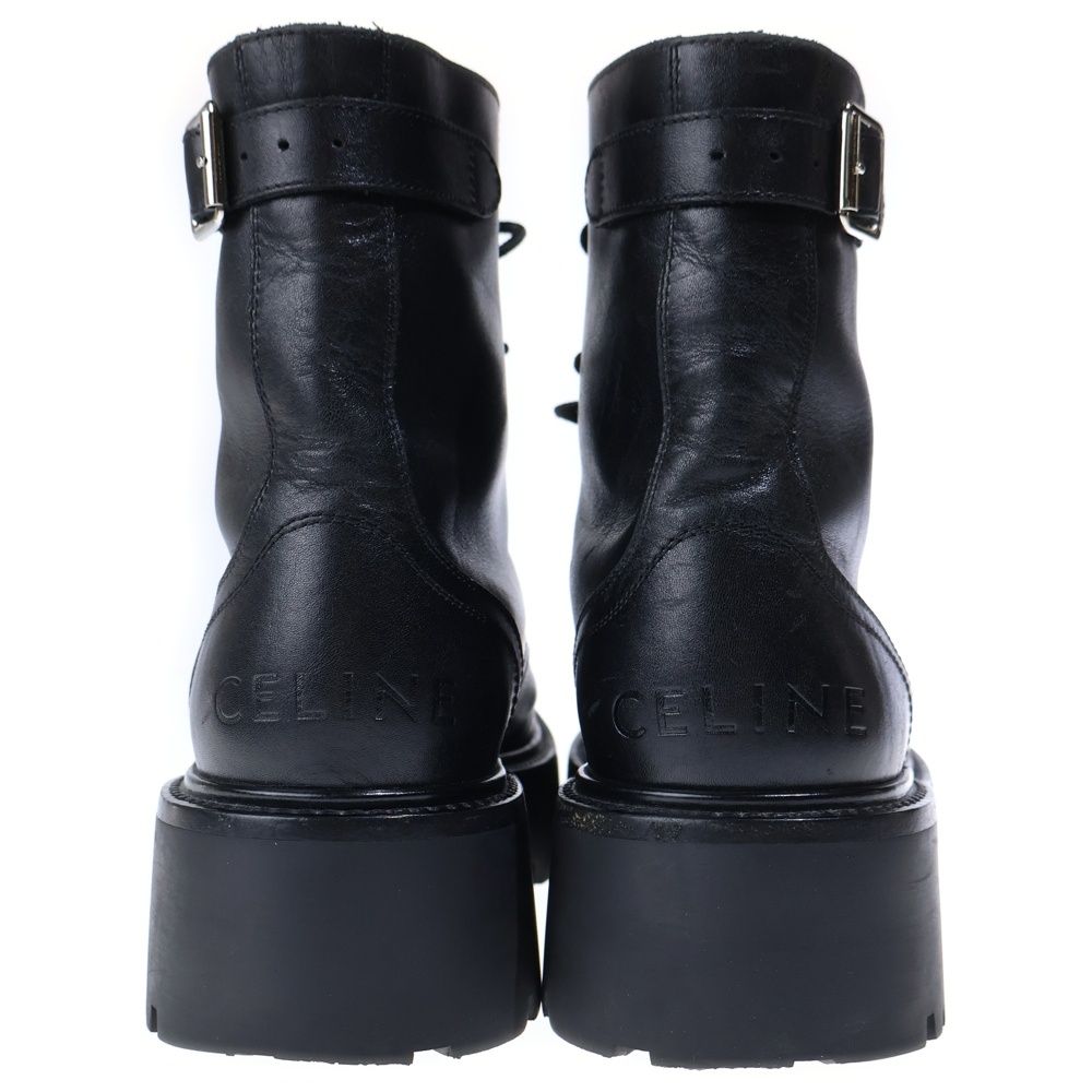 Celine Bulky Studded Logo Leather Lace Up High Cut Shoes Short Boots Black — view 3