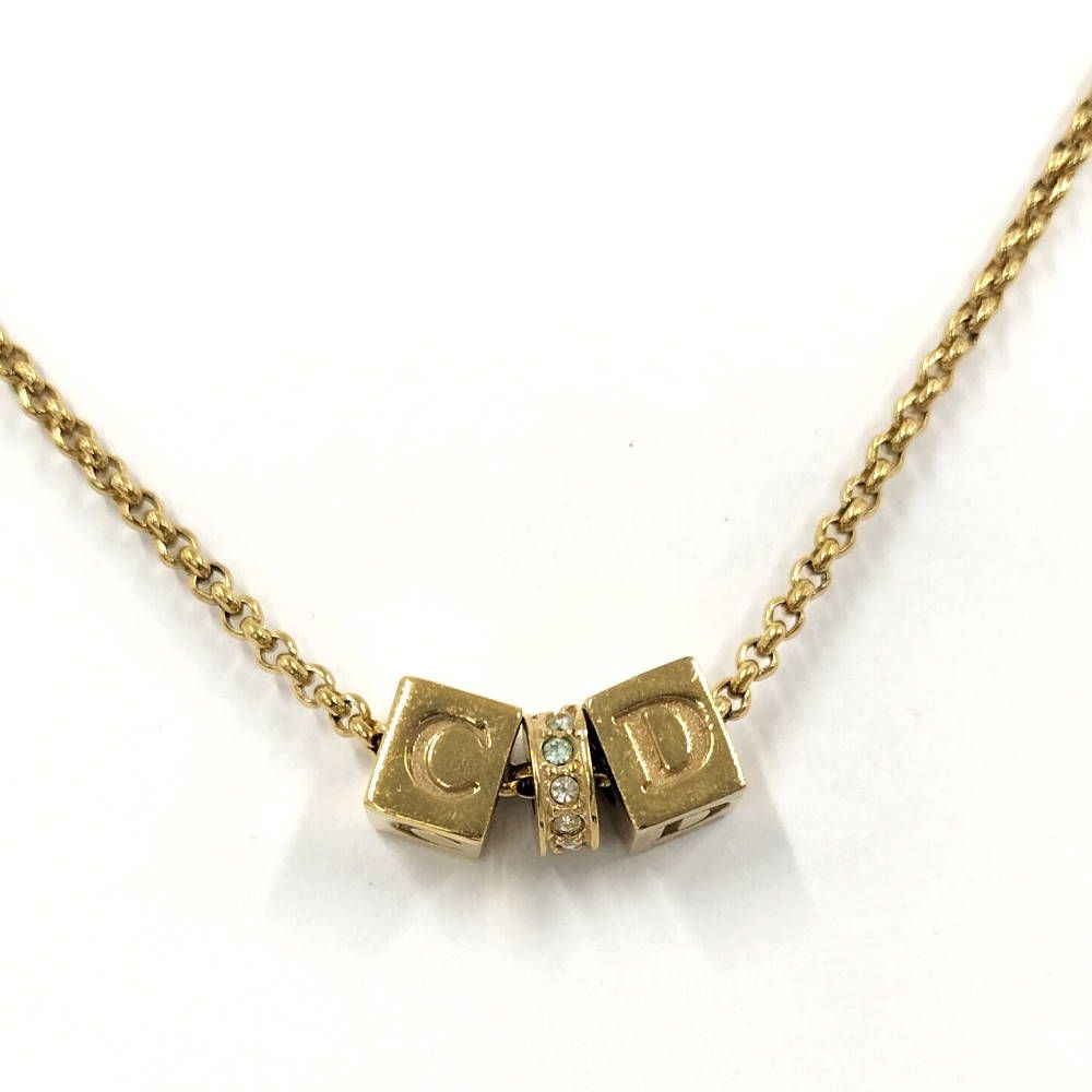 Dior CD Logo Necklace Cube Rhinestone Gold Plated