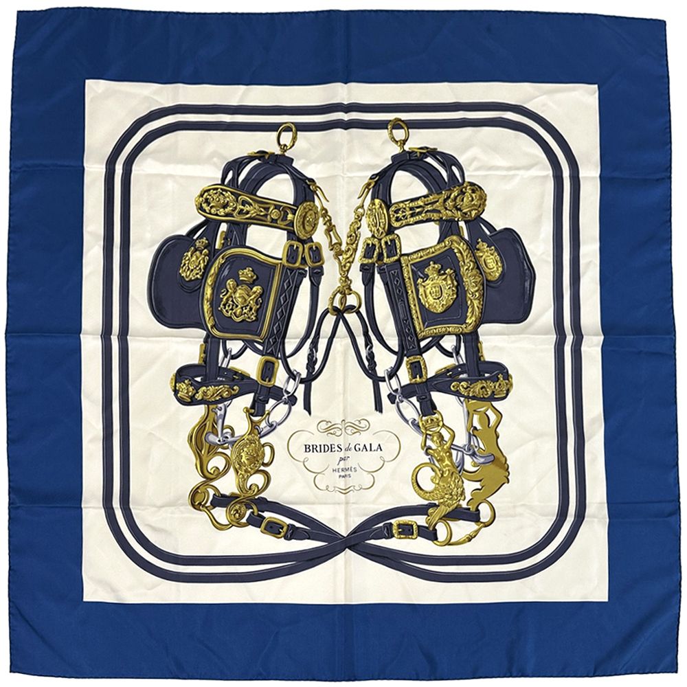 Hermes Scarf Carre 90 Brides de Gala Ceremony Bridle Silk Blue Horse Tackle
