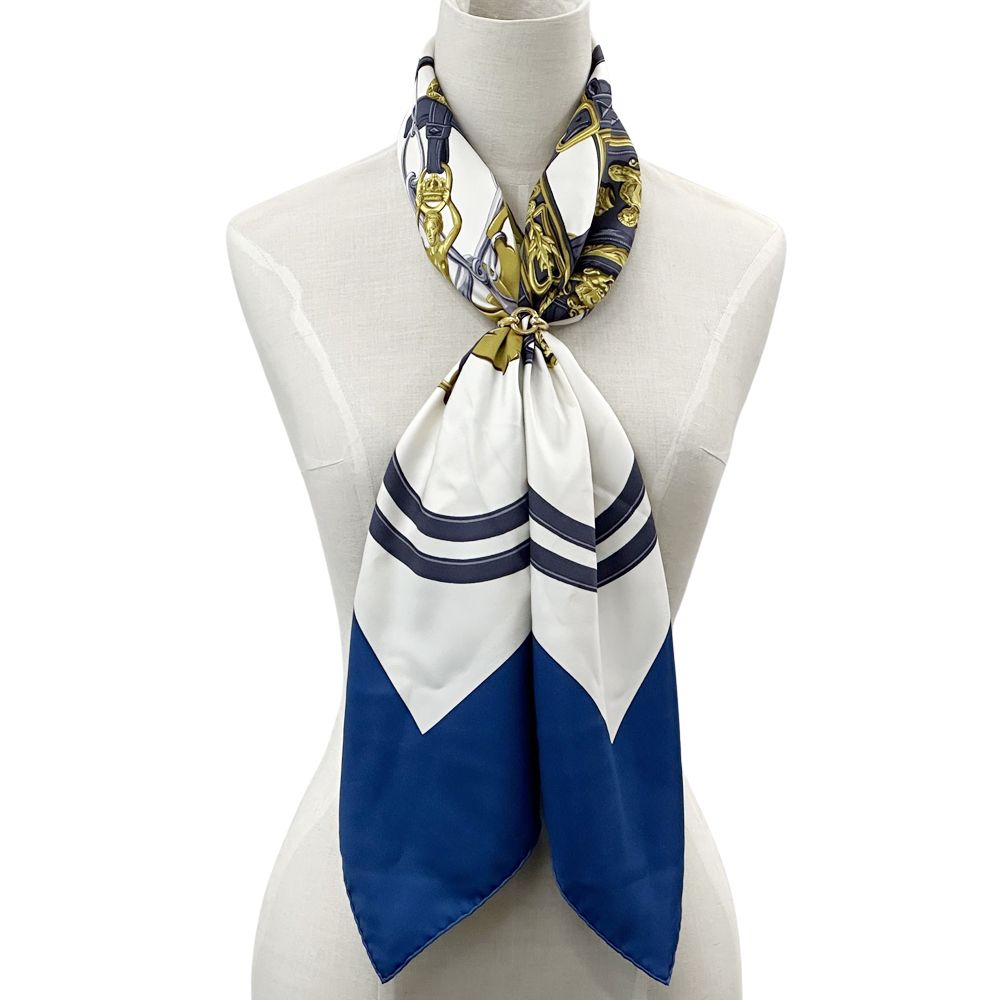 Hermes Scarf Carre 90 Brides de Gala Ceremony Bridle Silk Blue Horse Tackle — view 5