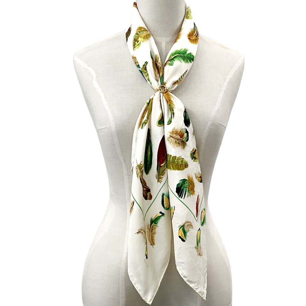 Hermes Scarf Carre 90 Plumes Par Henride Linares Feather Silk White Cream Large — view 5