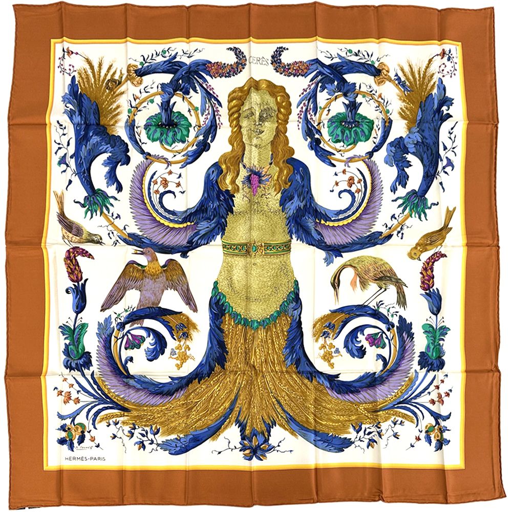 Hermes Scarf Carre 90 Ceres Goddess Silk Orange Multicolor Large