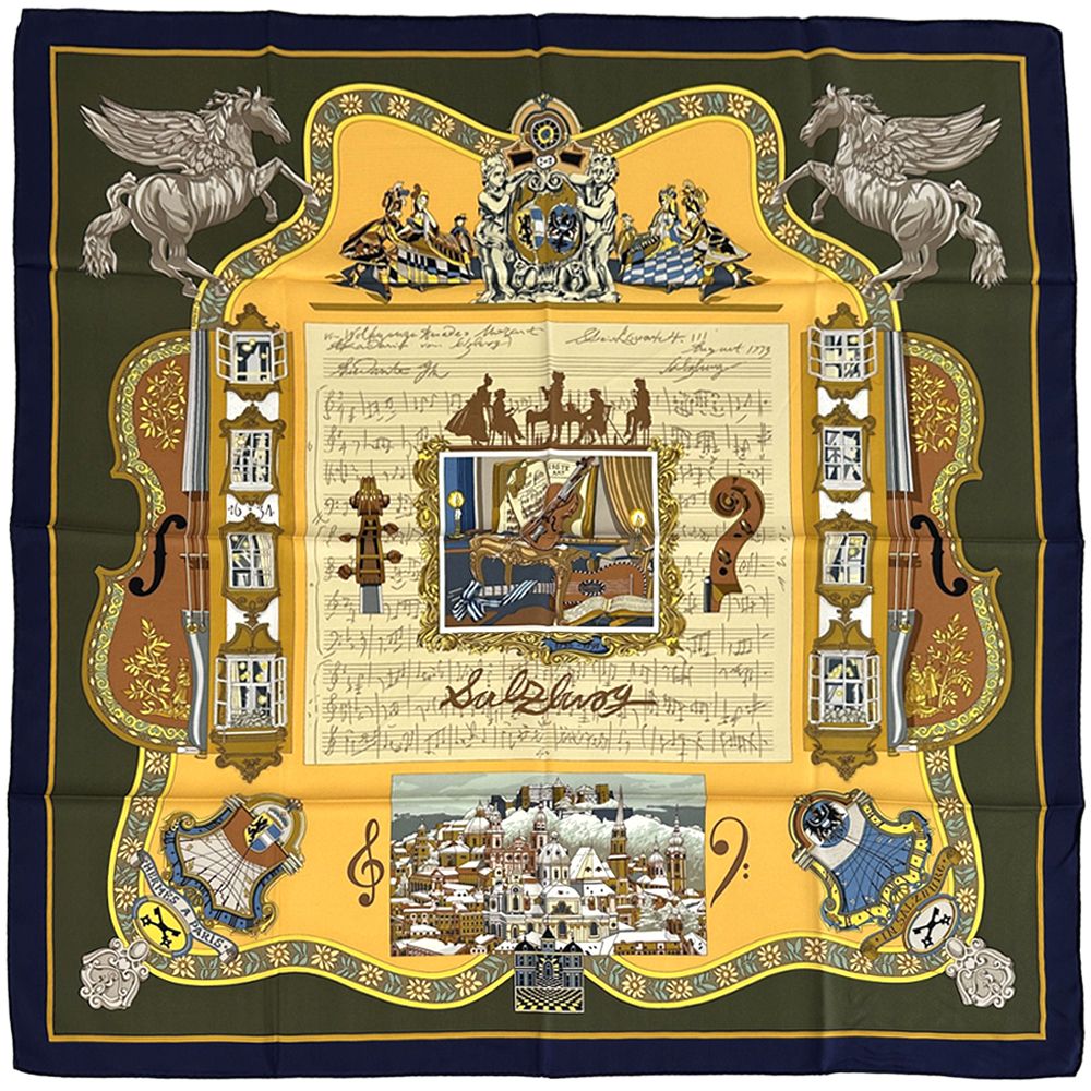 Hermes Scarf Carre 90 in Salzburg Silk Khaki Green Yellow Multicolor Musical