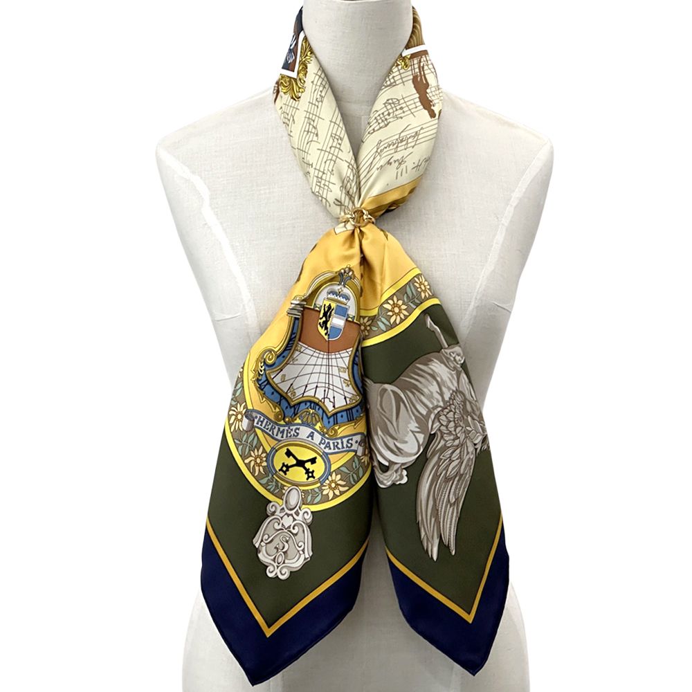 Hermes Scarf Carre 90 in Salzburg Silk Khaki Green Yellow Multicolor Musical — view 9